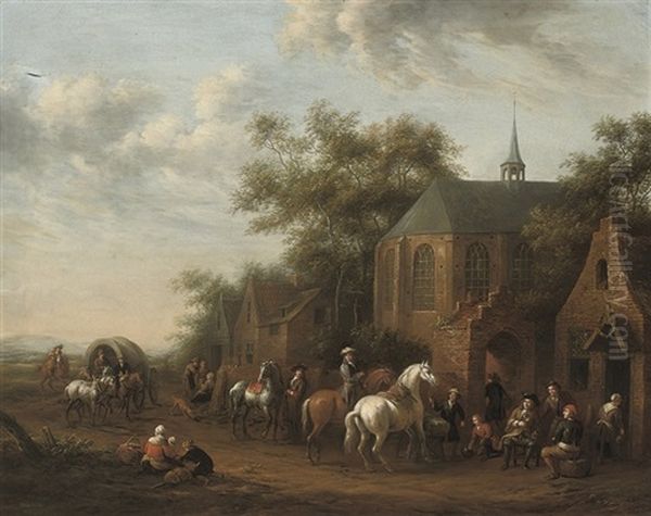 Figures On Horseback At Rest By An Inn Oil Painting by Barend Gael