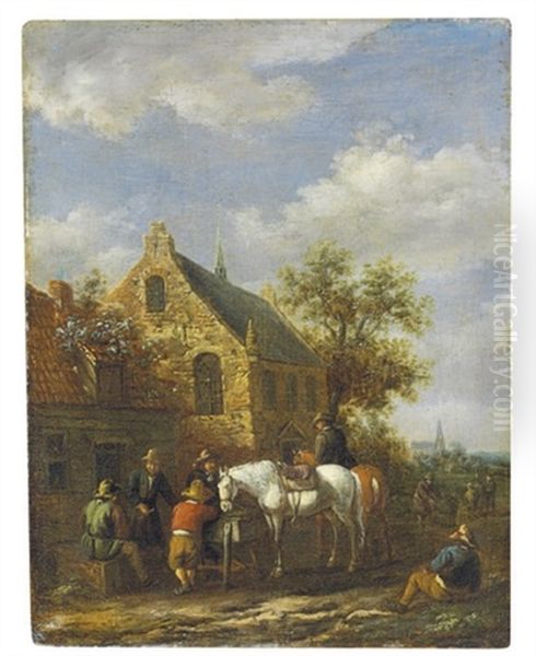 Travelers Resting In A Village Landscape (+ A Companion Painting Of Travelers By A Tavern; 2 Works) Oil Painting by Barend Gael