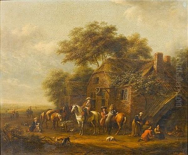 Huntsmen And Their Dogs Outside A Country Inn Oil Painting by Barend Gael