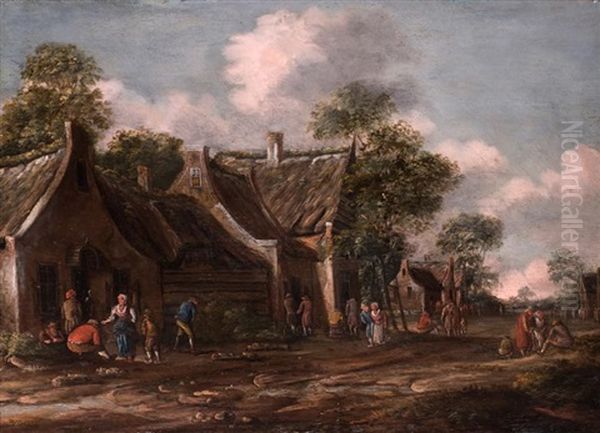 Dorfstrasse Mit Strohgedeckten Hausern Und Figurenstaffage Oil Painting by Barend Gael