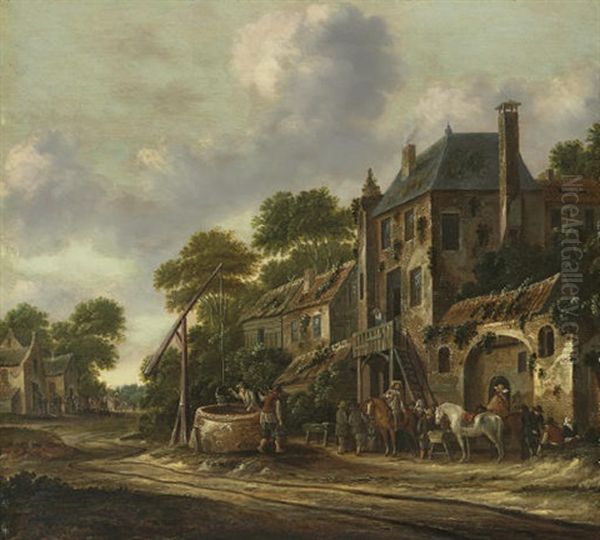 Travelers In A Village Landscape Oil Painting by Barend Gael