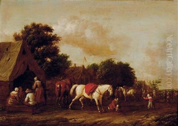 Peasants By A Cottage With A Horse Stalling Oil Painting by Barend Gael