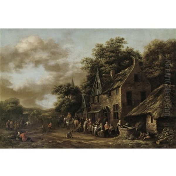 A Village Scene With Numerous Peasants Outside A Tavern Oil Painting by Barend Gael