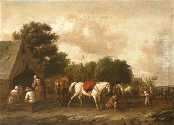 Peasants By A Cottage With A Horse Stalling Oil Painting by Barend Gael