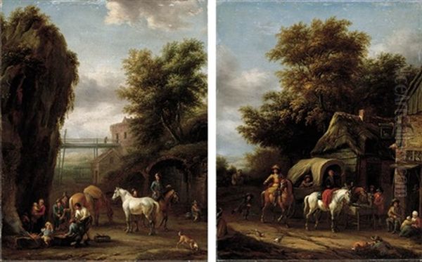 A Rocky Landscape With Travellers At A Forge (+ A Wooded Landscape With Horsemen Halting At An Inn; Pair) Oil Painting by Barend Gael