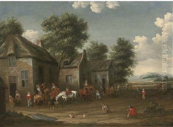 A Wooded Landscape With A Hunting Party Setting Out From An Inn Oil Painting by Barend Gael