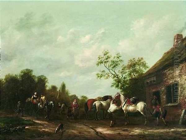 Ein Schimmel Wird Vor Einer Schmiede Beschlagen Oil Painting by Barend Gael