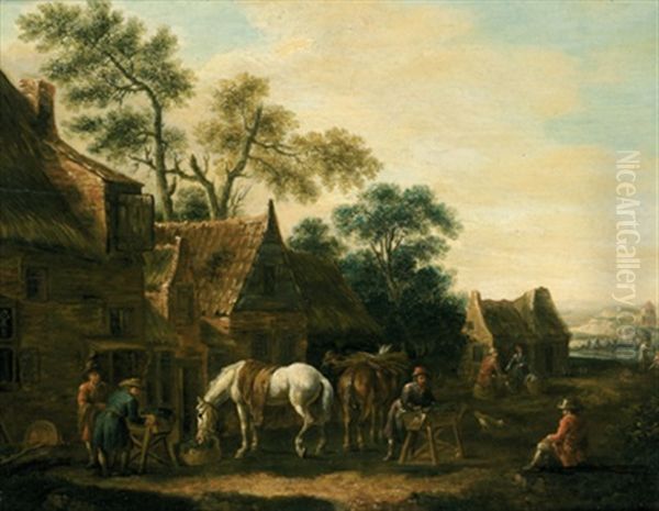 Rastende Bauern Mit Pferden Auf Einer Dorfstrase Oil Painting by Barend Gael