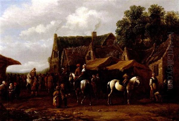 Reiter Und Bauern In Einem Hollandischen Dorf Oil Painting by Barend Gael