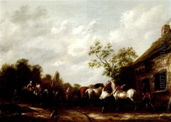 Ein Schimmel Wird Vor Einer Schmiede Beschlagen Oil Painting by Barend Gael