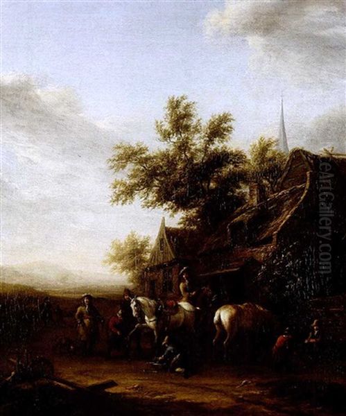 Outside The Farriers, Children Playing With Kolf Oil Painting by Barend Gael