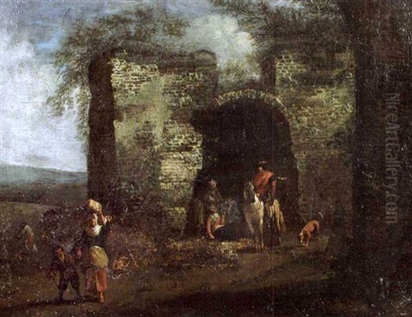 A Horseman Asking Directions From Peasants By A City Gate Oil Painting by Barend Gael