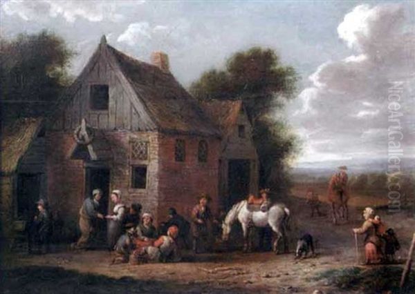 Peasants Outside An Inn, With A Traveller With A Grey Horse In The Foreground Oil Painting by Barend Gael