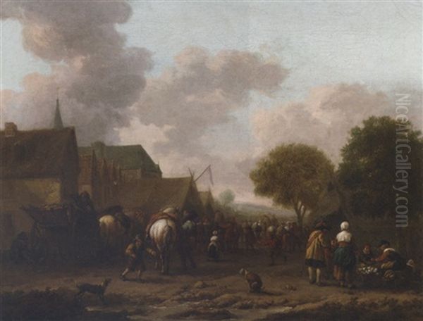 A Village Landscape With Travellers On The Street By A Vegetable Seller Oil Painting by Barend Gael