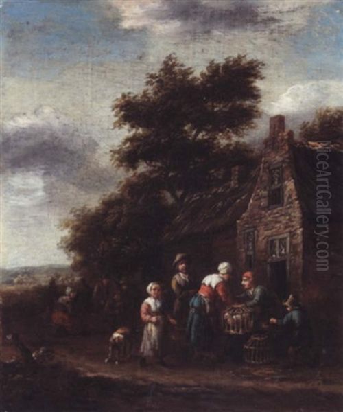 A Landscape With Peasants Selling Chickens Outside A Cottage Oil Painting by Barend Gael