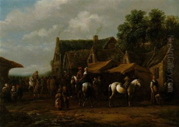 Reiter Und Bauern In Einem Hollandischen Dorf Oil Painting by Barend Gael