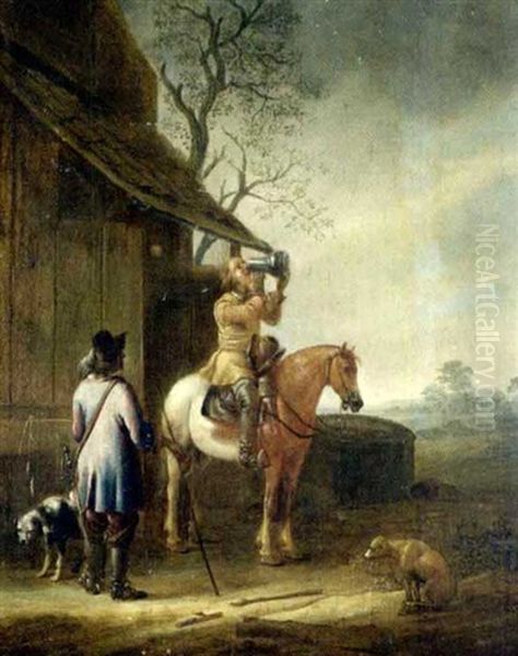 Zwei Rastende Reiter Mit Hunden Vor Einem Haus Oil Painting by Barend Gael