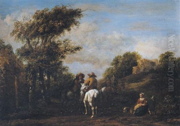 Reiterbegegung Und Rastende Bauersfrau Mit Kind In Landschaft Mit Ruine Oil Painting by Barend Gael