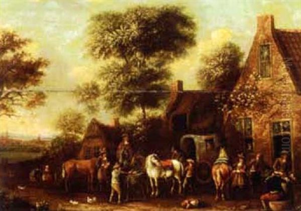 Travellers Outside An Inn Oil Painting by Barend Gael