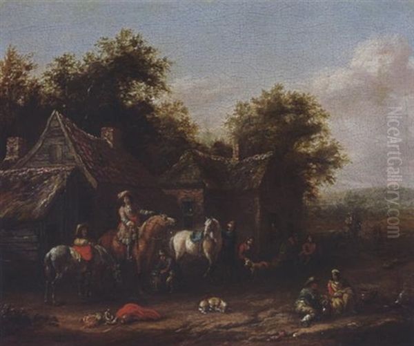 Horsemen Resting Before Houses Oil Painting by Barend Gael