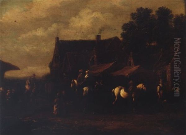 Peasants And Horsemen In A Village Street by Barend Gael