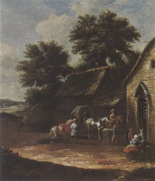 Travellers Resting Near An Inn Oil Painting by Barend Gael