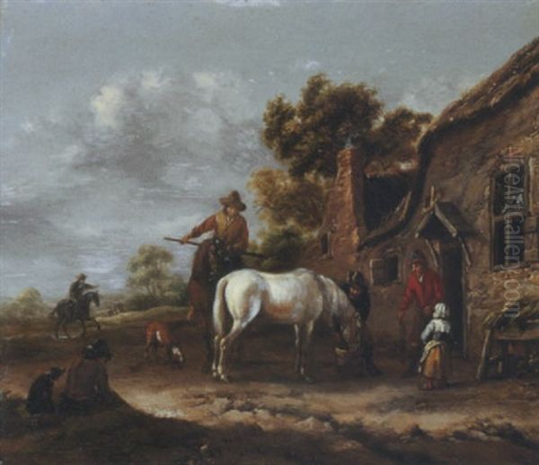 Travellers Resting And Watering Their Horses At A Tavern Oil Painting by Barend Gael