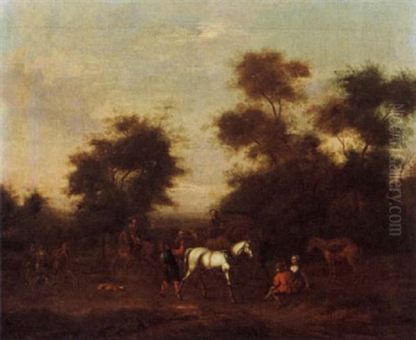 A Hunting Party Resting Near Trees Oil Painting by Barend Gael