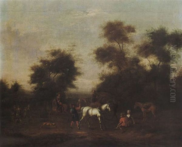 A Hunting Party Resting Near Trees Oil Painting by Barend Gael