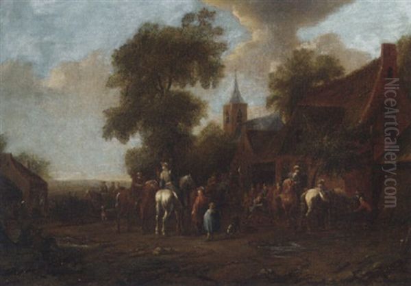 A Village Fair With Travellers Outside An Inn Oil Painting by Barend Gael