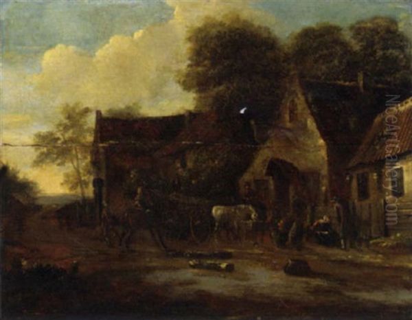 A Village Landscape With Travellers And A Wagon By An Inn Oil Painting by Barend Gael