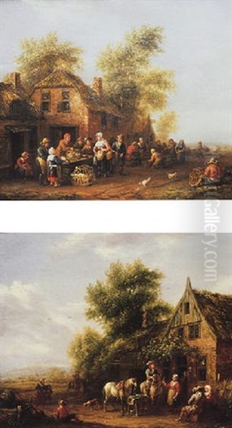 Peasants Trading Animals Outside A Farmhouse Oil Painting by Barend Gael