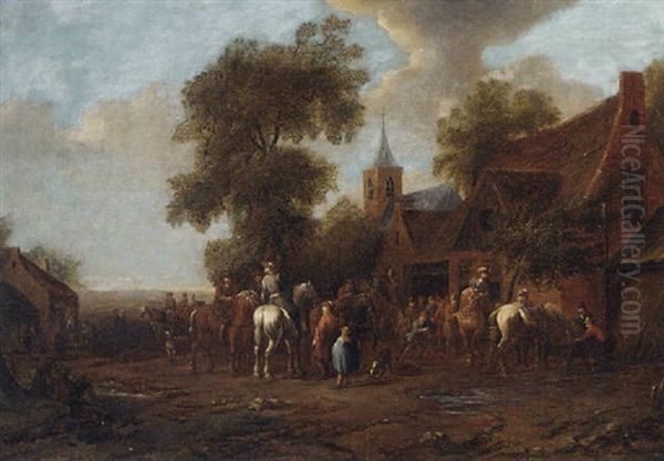 A Village Fair With Travellers Outside An Inn by Barend Gael