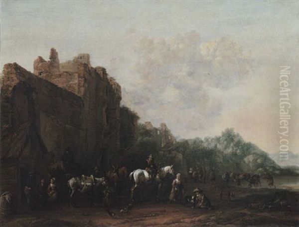 Travellers And Pack Animals Resting Before A Ruined Building Oil Painting by Barend Gael