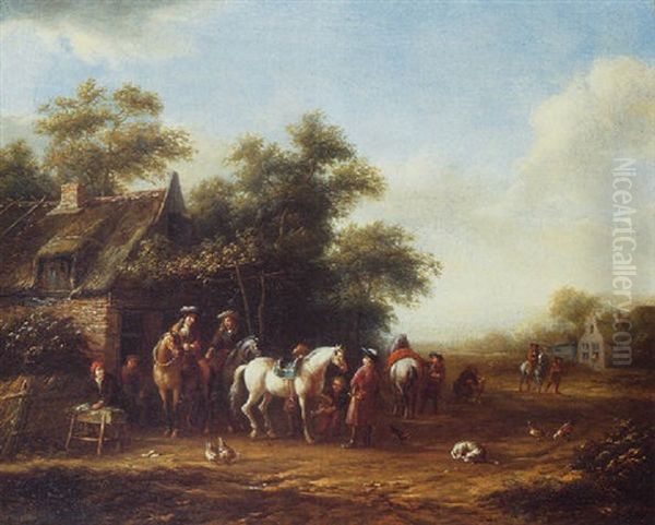 Travellers Halting On A Village Street Oil Painting by Barend Gael