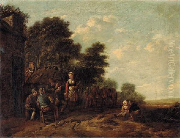 Peasants Carousing And Flirting With A Milkmaid Outside An Inn Oil Painting by Barend Gael