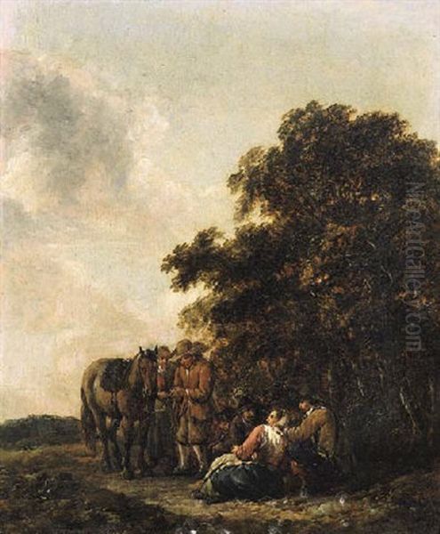 Travellers Resting On The Edge Of A Wood Oil Painting by Barend Gael