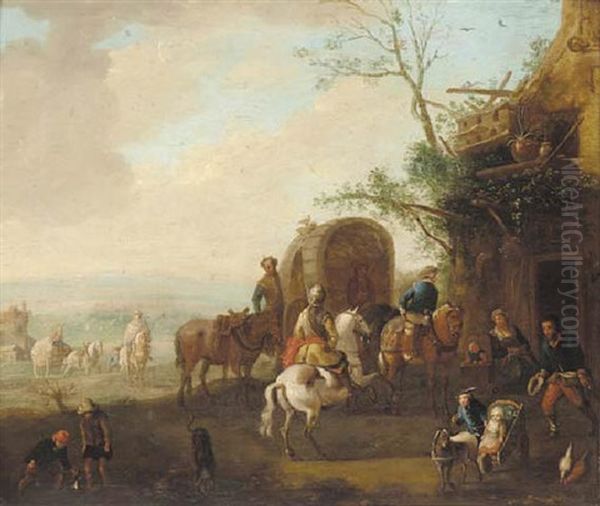 A Soldier And Travellers Outside A Country Inn by Barend Gael