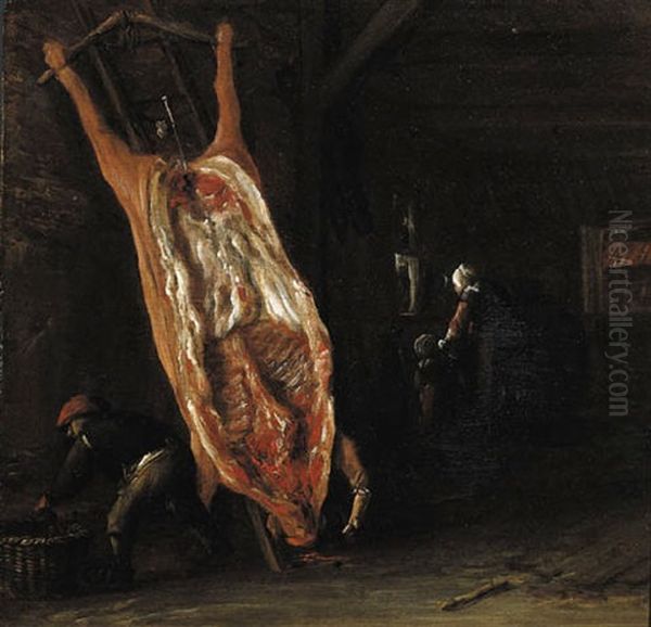 A Slaughtered Pig On A Ladder In A Barn, With Peasants Nearby Oil Painting by Barend Gael