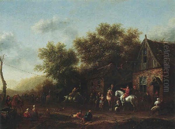 Figures And Sportsmen Gathered Outside An Inn Playing Ganstrekken by Barend Gael