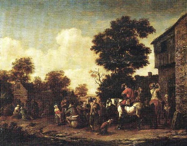 A Horseman And Various Figures Standing Outside A Tavern Oil Painting by Barend Gael