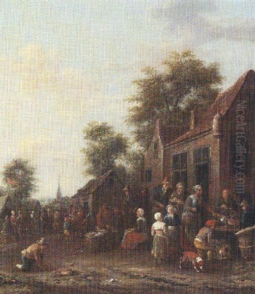 A Village Market With A Poultry Seller Oil Painting by Barend Gael