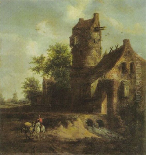 Reiter Und Bauer Mit Maultier Vor Bauernhausern Und Turm Rechts Oil Painting by Barend Gael