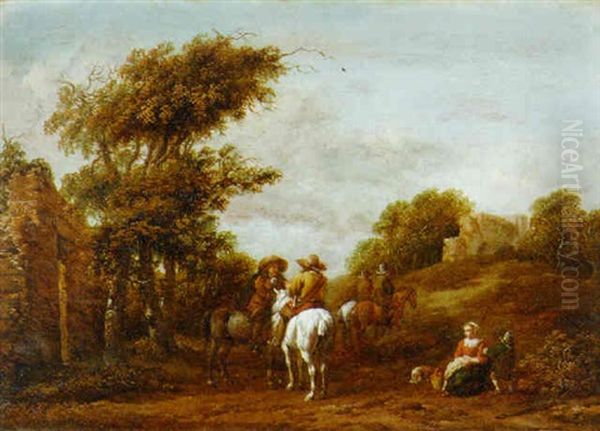 Horseman On A Path With A Woman And Child Nearby And Ruins Beyond Oil Painting by Barend Gael