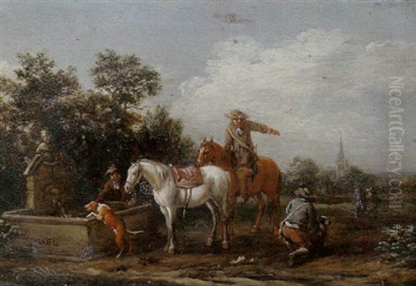 A Landscape With Horsemen Resting By A Fountain Oil Painting by Barend Gael