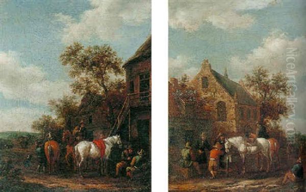 Landscape With Riders Beside Cottages Oil Painting by Barend Gael