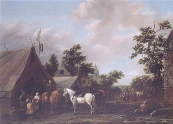 An Officer Flirting With A Maid At An Encampment With Peasants And Travellers In A Village Street Beyond, On A Summer's Day Oil Painting by Barend Gael