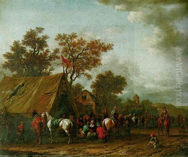 Travellers And Peasants By A Booth, Houses And A Church Beyond Oil Painting by Barend Gael