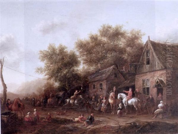 Riders Outside A Tavern With Other Figures In A Street Watching A Horseman Playing Ringsteken Oil Painting by Barend Gael