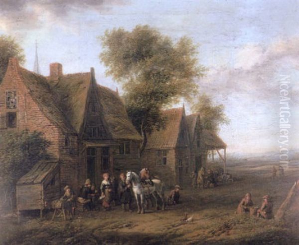 Figures Gathered Outside A Tavern Oil Painting by Barend Gael